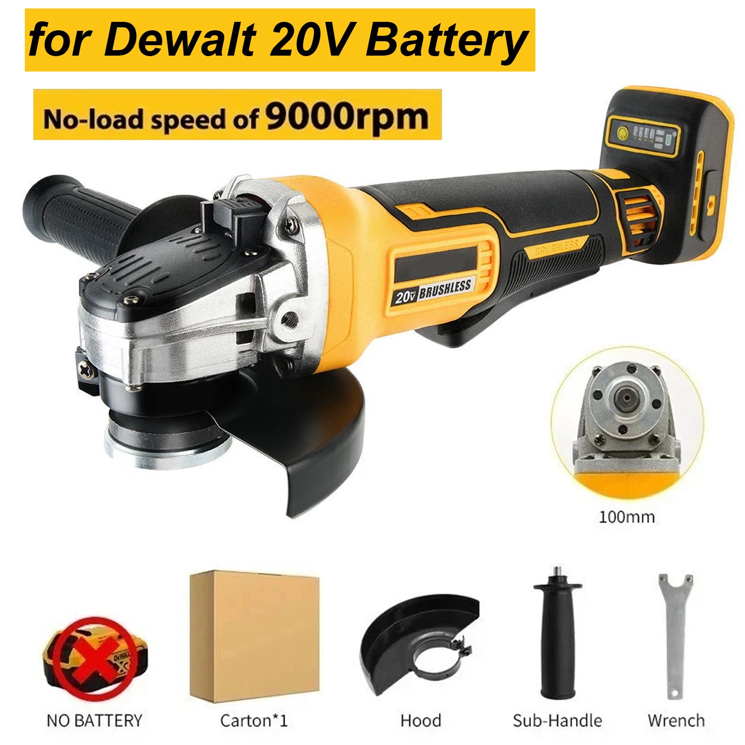 Cordless Angle Grinder for Dewalt 20V Battery 4-1/5" Brushless 9000RPM Tool Only