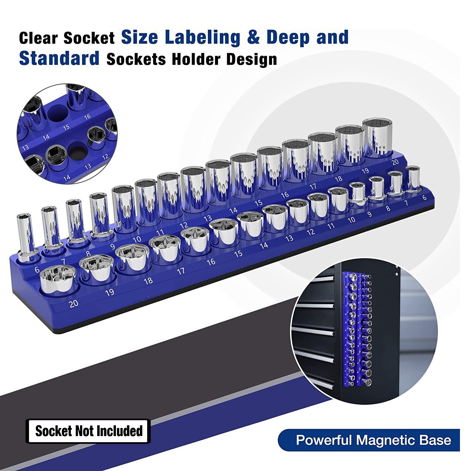 Magnetic Socket Organizer Holder 6-PACK Set 1/4'' 3/8'' 1/2'' Drive Metric + SAE