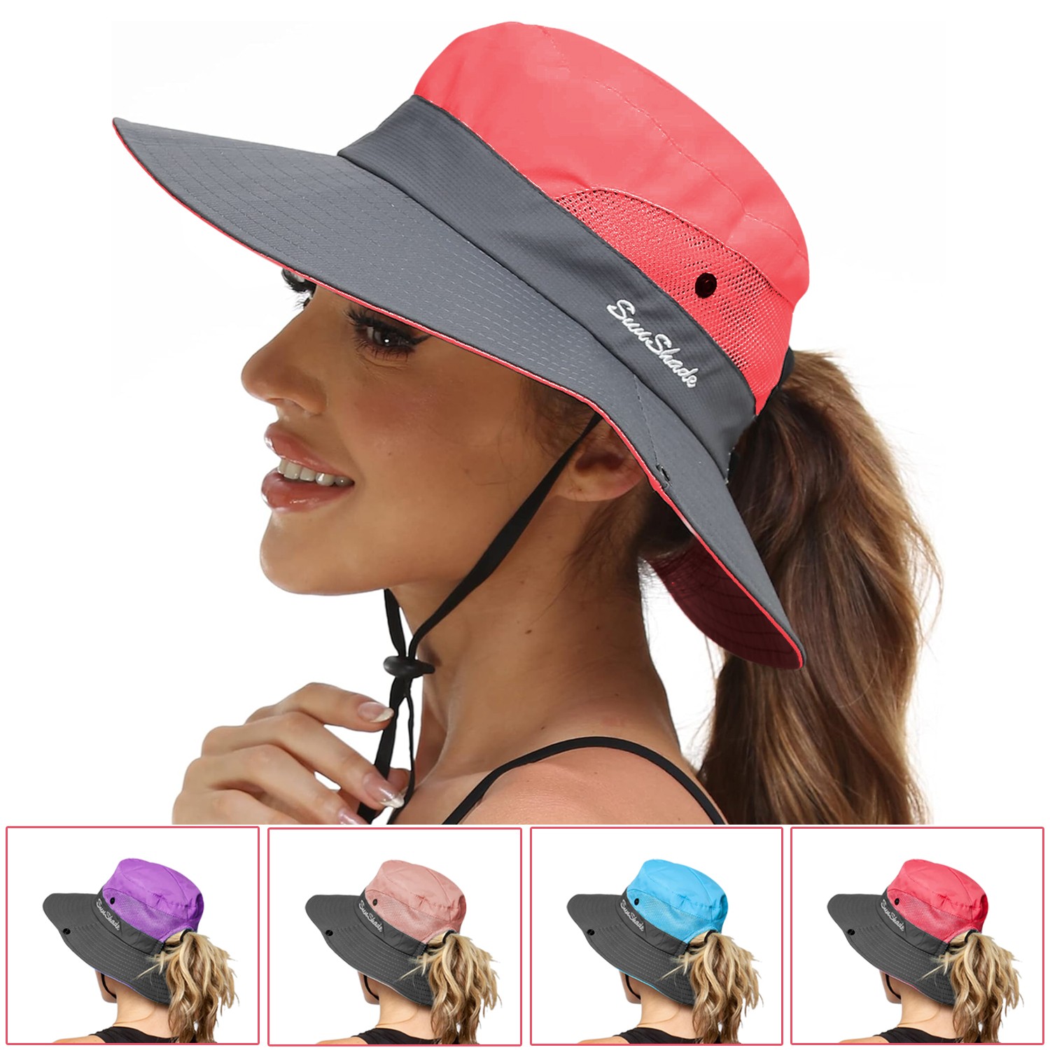 Foldable Womens Wide Brim Sun Hat W/ Ponytail Hole Beach Fishing Hat for Outdoor