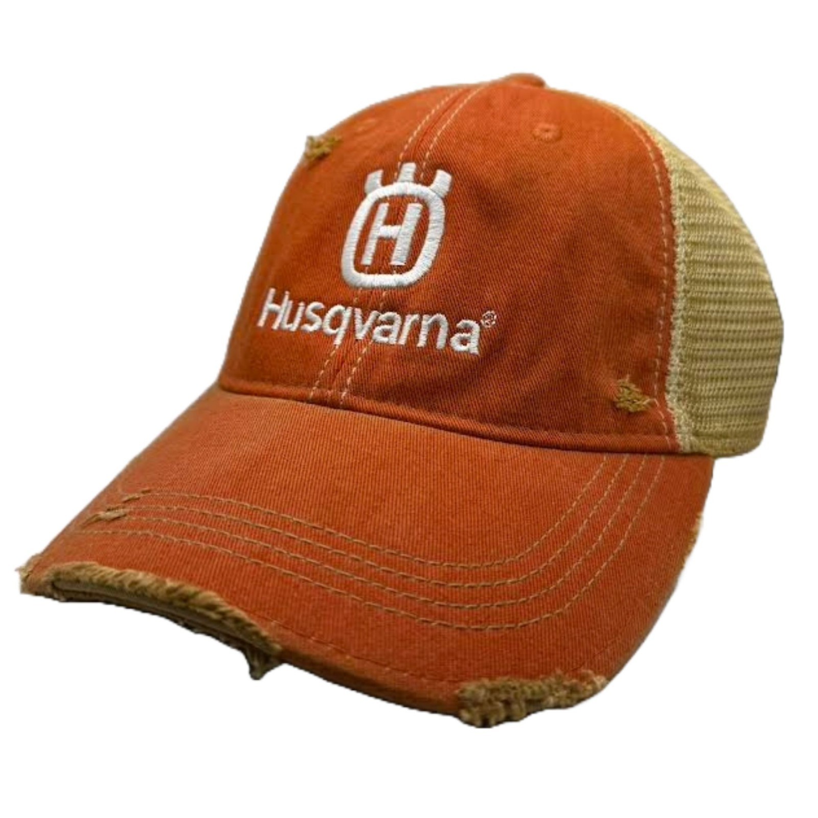Husqvarna Trucker Hat Distressed Orange Cap White Logo Snapback Mesh Back