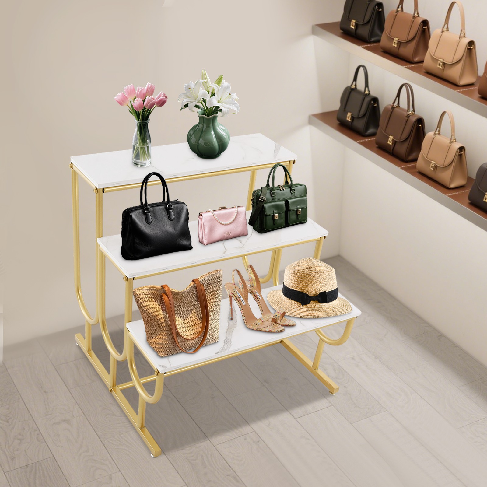 Shoe Display Table, 3 Tier Heavy Duty Display Stands, Standing Display Shelf
