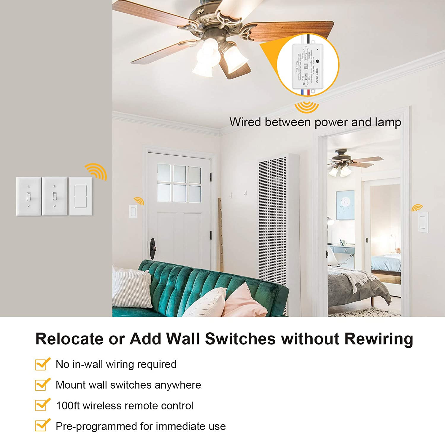 Wireless Remote Light Switch, No Wiring, No Wifi, 100Ft RF Range, Pre-Program...