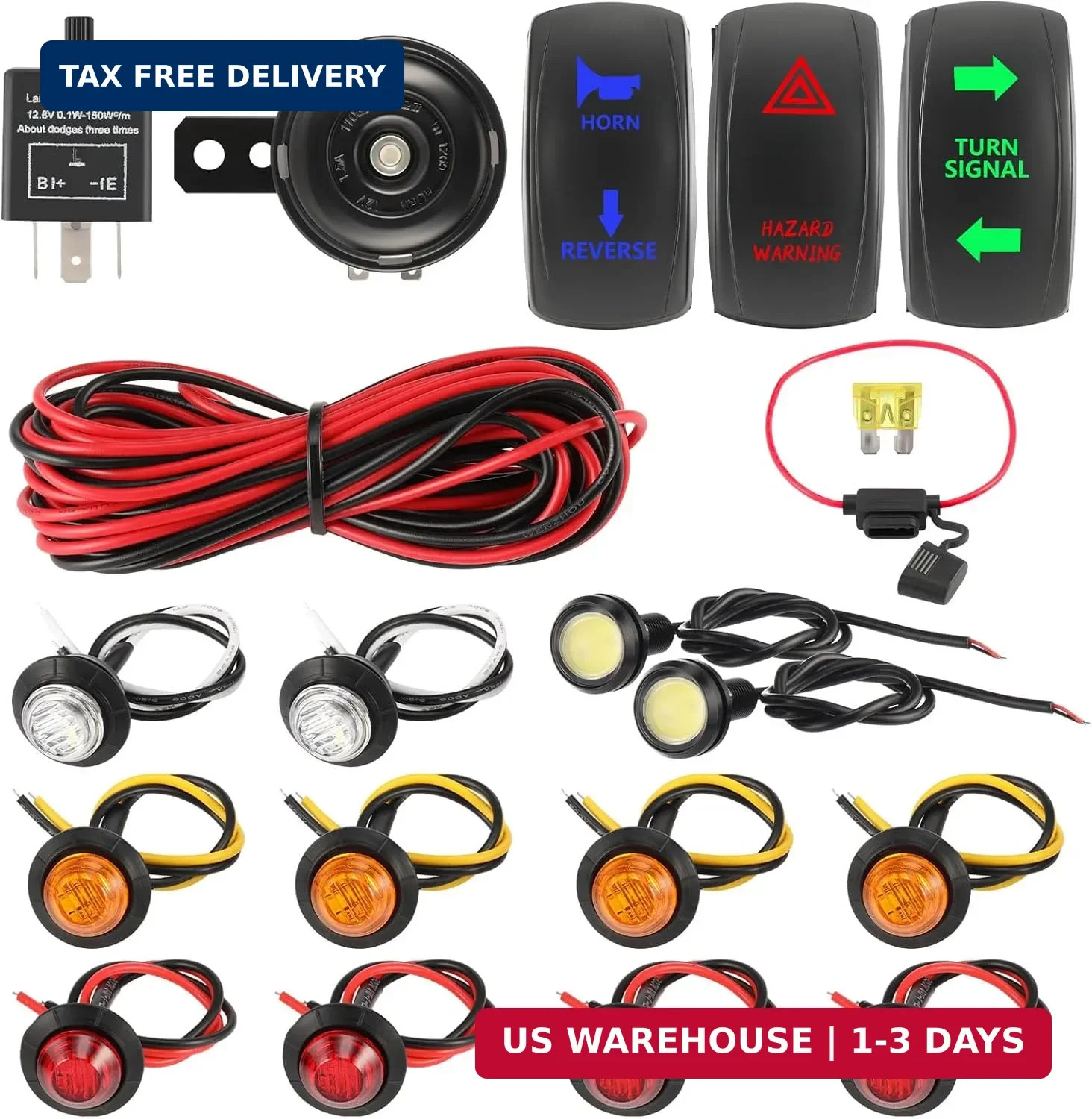 UTV Turn Signal Kit with Horn, Universal Street Legal Set with Rocker Switch Haz