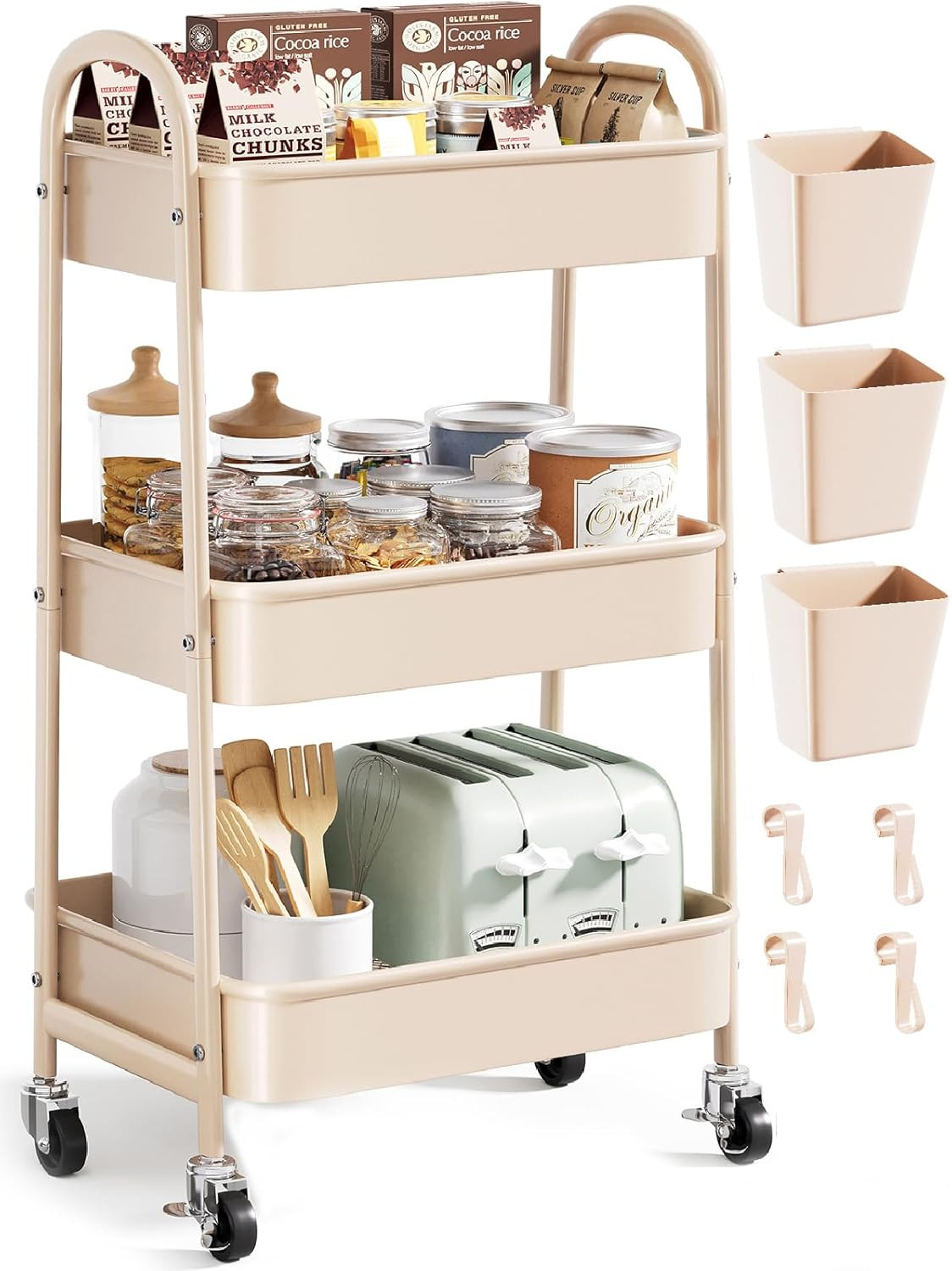 Beige 3 Tier Rolling Cart Metal on Wheels, Three Tiered Storage Organizer Utilit
