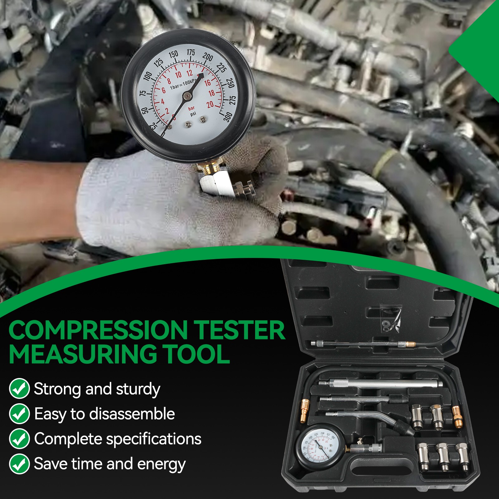 11Pc Cylinder Compression Gauge Tester Kit Gas Engine Diagnostic Testing Tool US