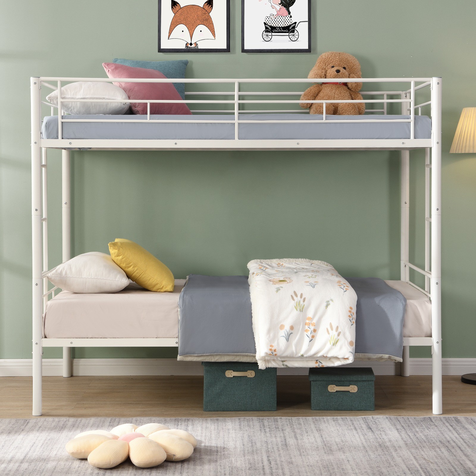 Twin over Twin Metal Bunk Bed Frame with Stairs White