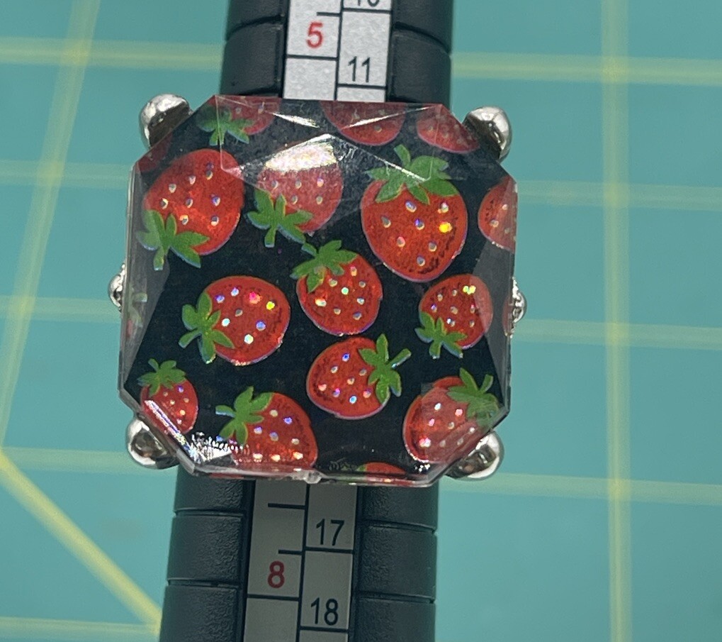 Silver Strawberry Square Enamel Ring Size 6.5