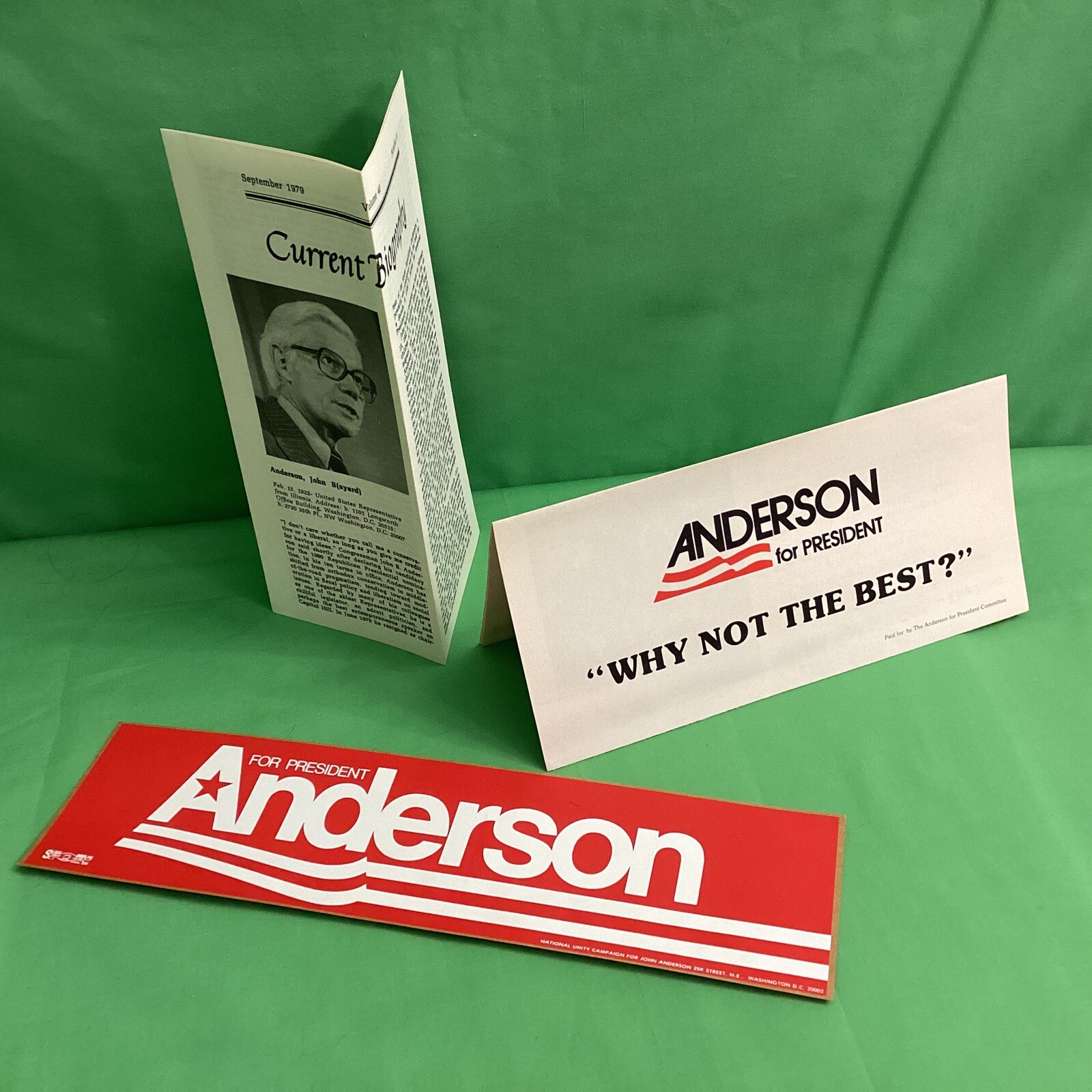 John Anderson for President, 1980 Campaign bumper sticker and flyers