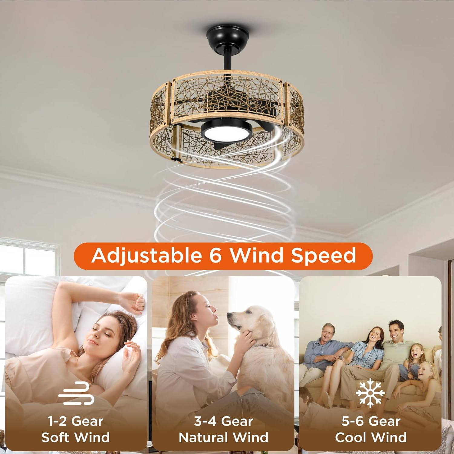 20" Oak Finish Caged Ceiling Fan with Dimmable LED Lights & Remote Control