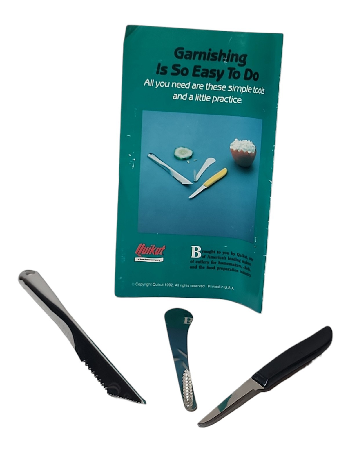 Lot of 3 Quikut Garnishing tools w/instructions Davinci, Spiral, Pairing Knives