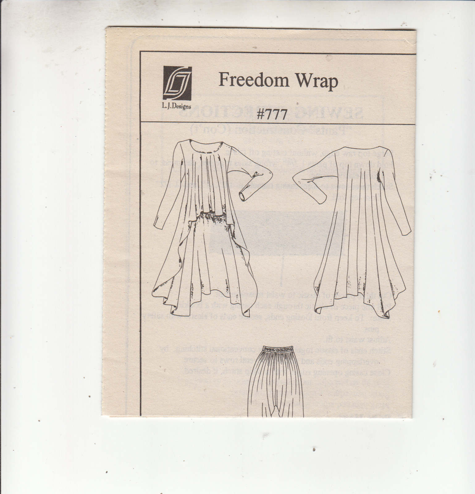 L J Designs 777 Freedom Wrap Tunic Pants Draping Sewing Pattern Sizes S-XL UC