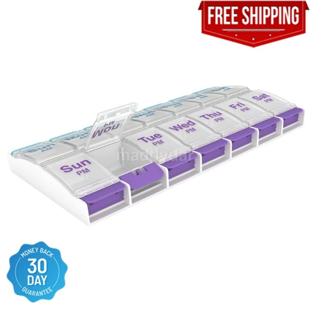 Weekly Pill Planner Organizer XL Easy Use AM/PM with Push Button 7 Day Box Case