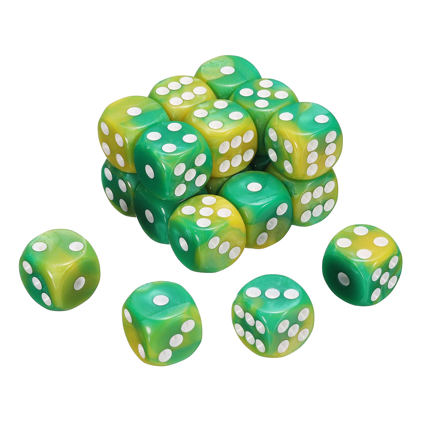 20Pcs 6 Sided Standard Dice, Acrylic D6 Pearl Pattern Dice (Yellow and Green)