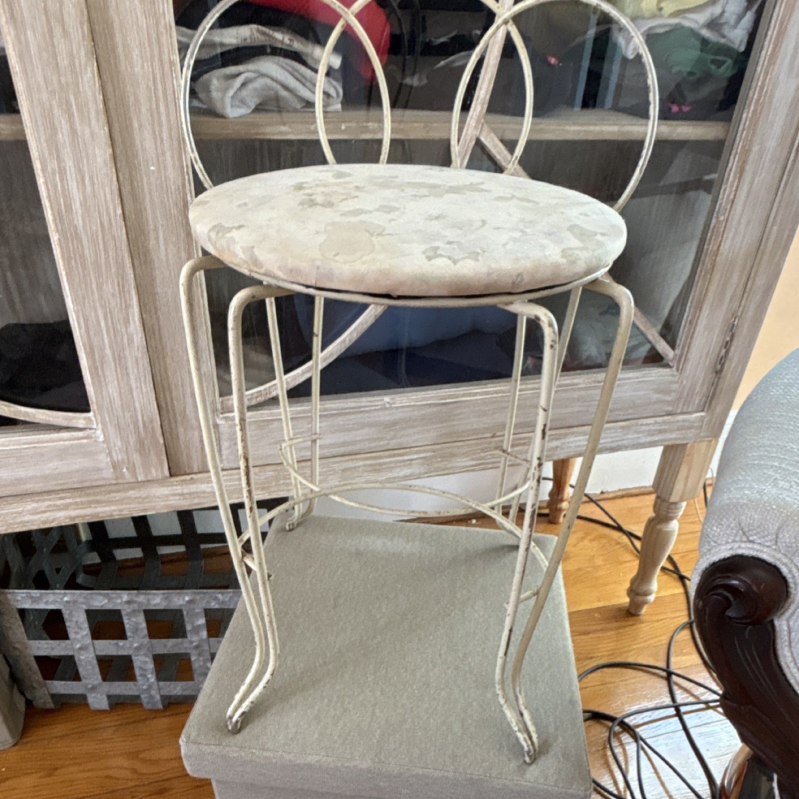 Antique Metal Vanity Stool, Floral Padded Seat, Vintage Style, Beige White