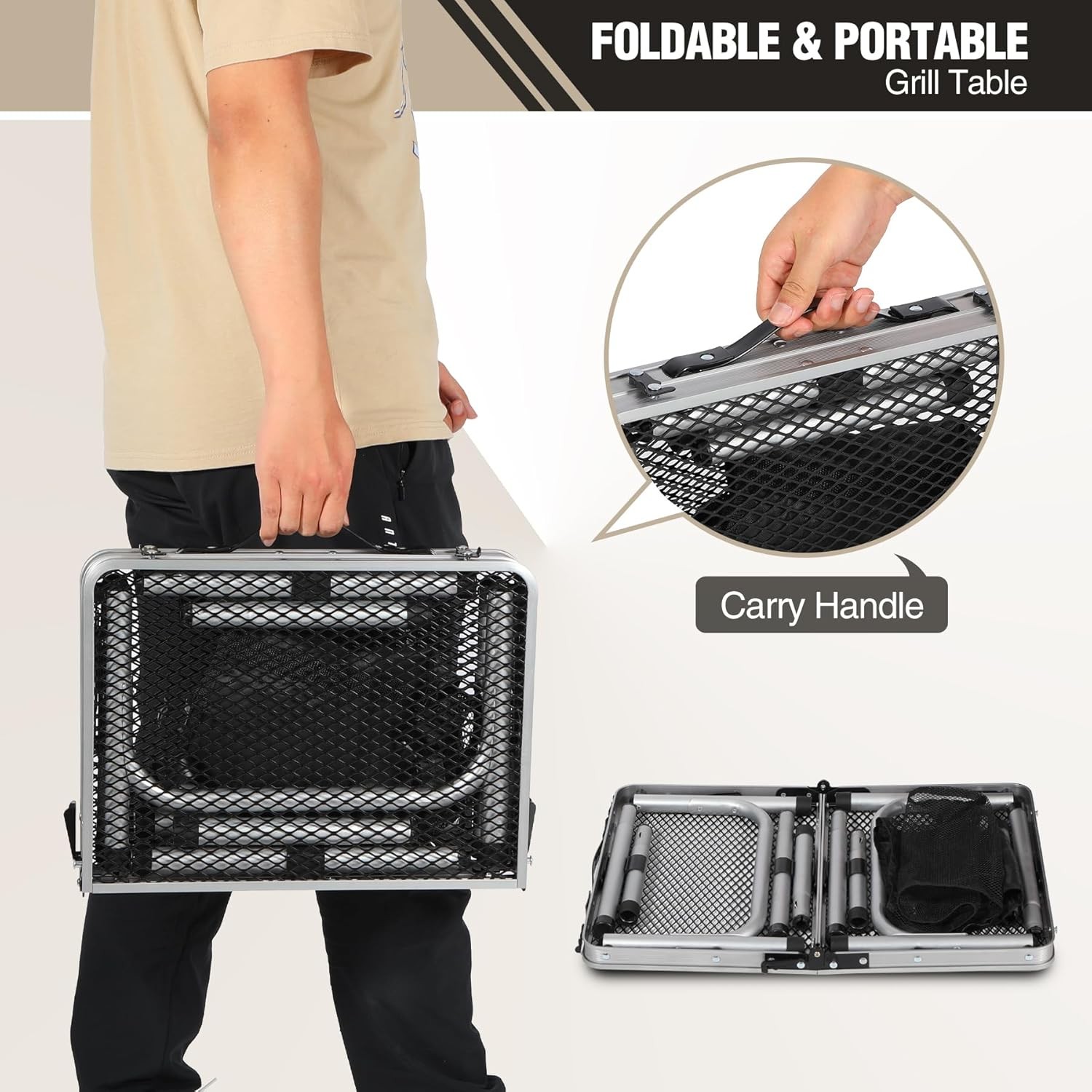 2FT Folding Grill Table Adjustable Portable Metal Camping BBQ Table w/ Mesh Top