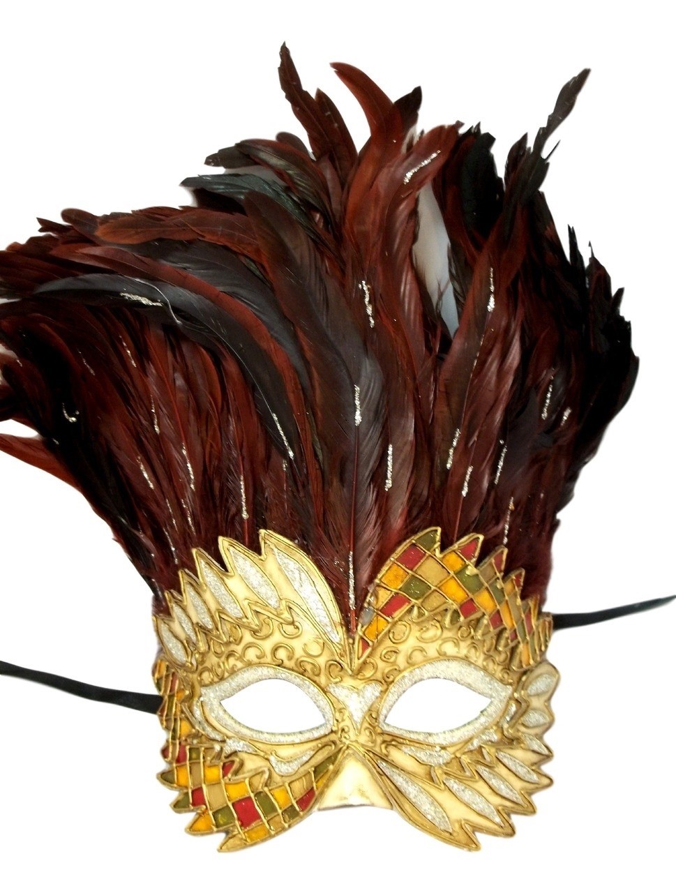 Golden Sun Goddess Burgundy Feather Masquerade Mardi Gras Mask