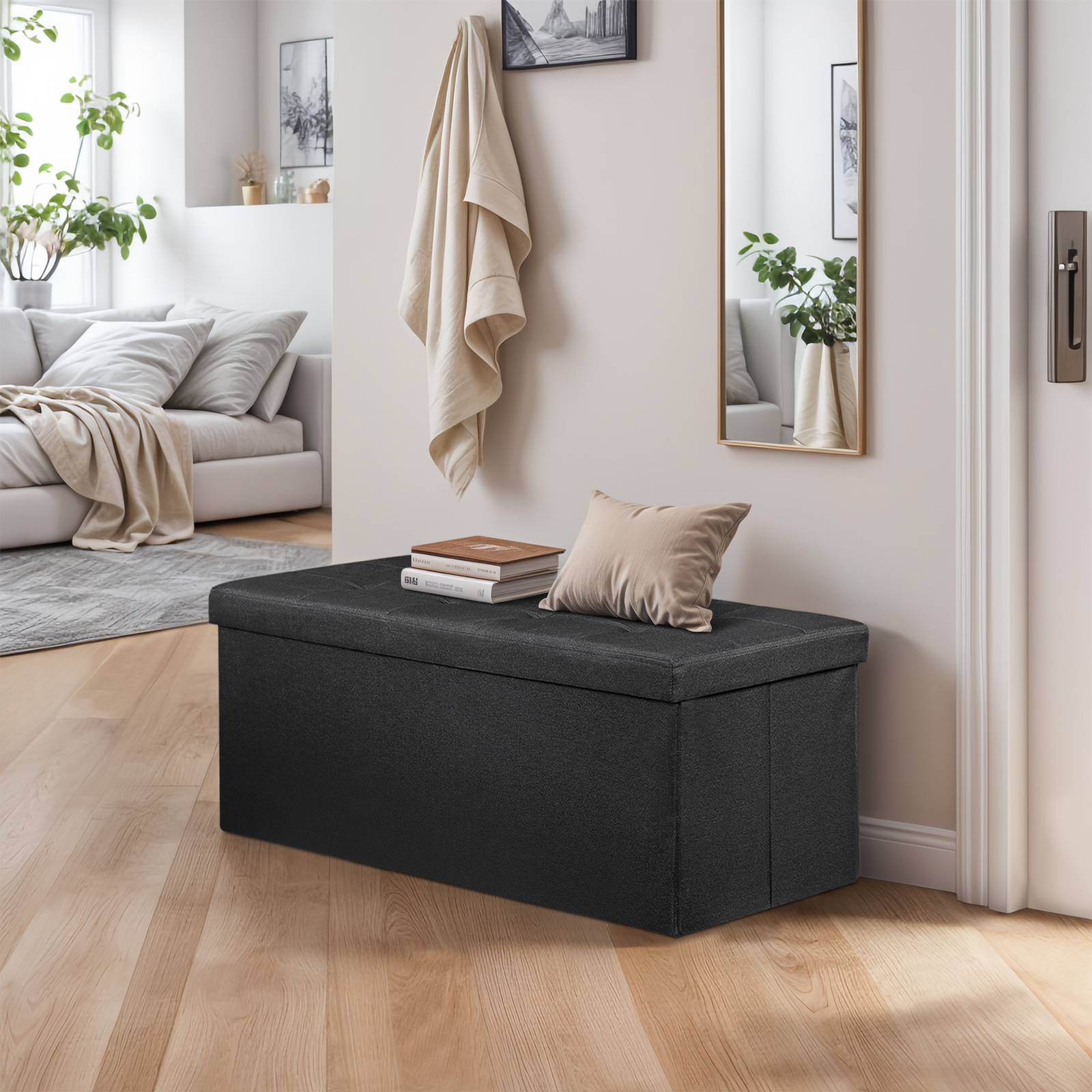 43" Long Durable Ottoman Bench Storage Bench Chest Food Stool 8 Stitchings Black