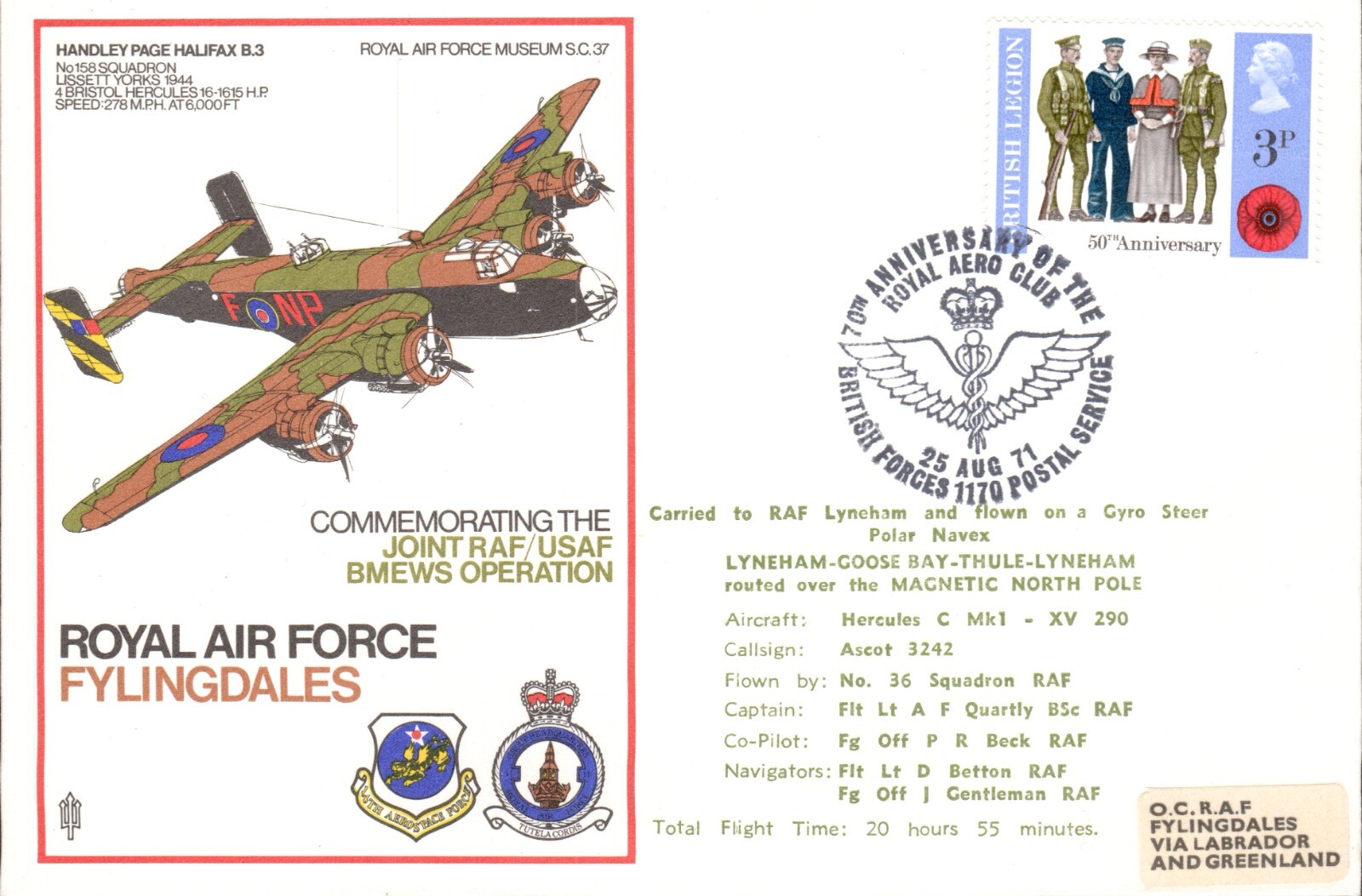 1971 RAF Fylingdales Hercules  Flown Cover Fancy Cancel