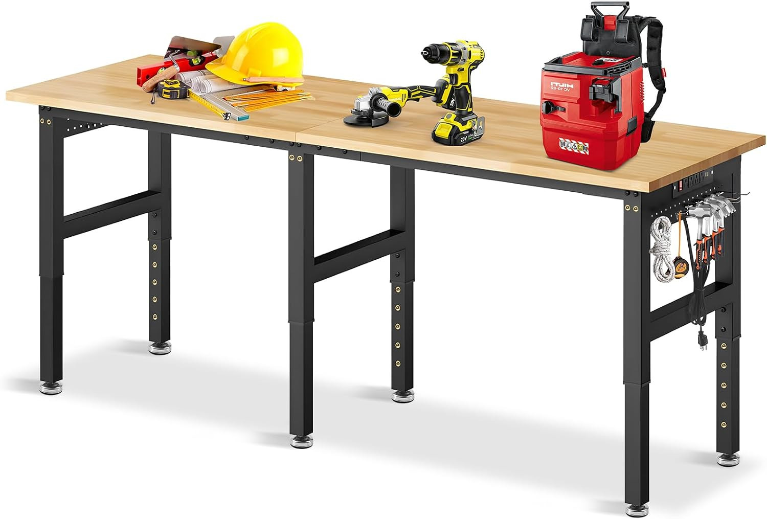 84" Adjustable Height Workbench, 2000 LBS Heavy Duty Table Rubber Wood Workstati