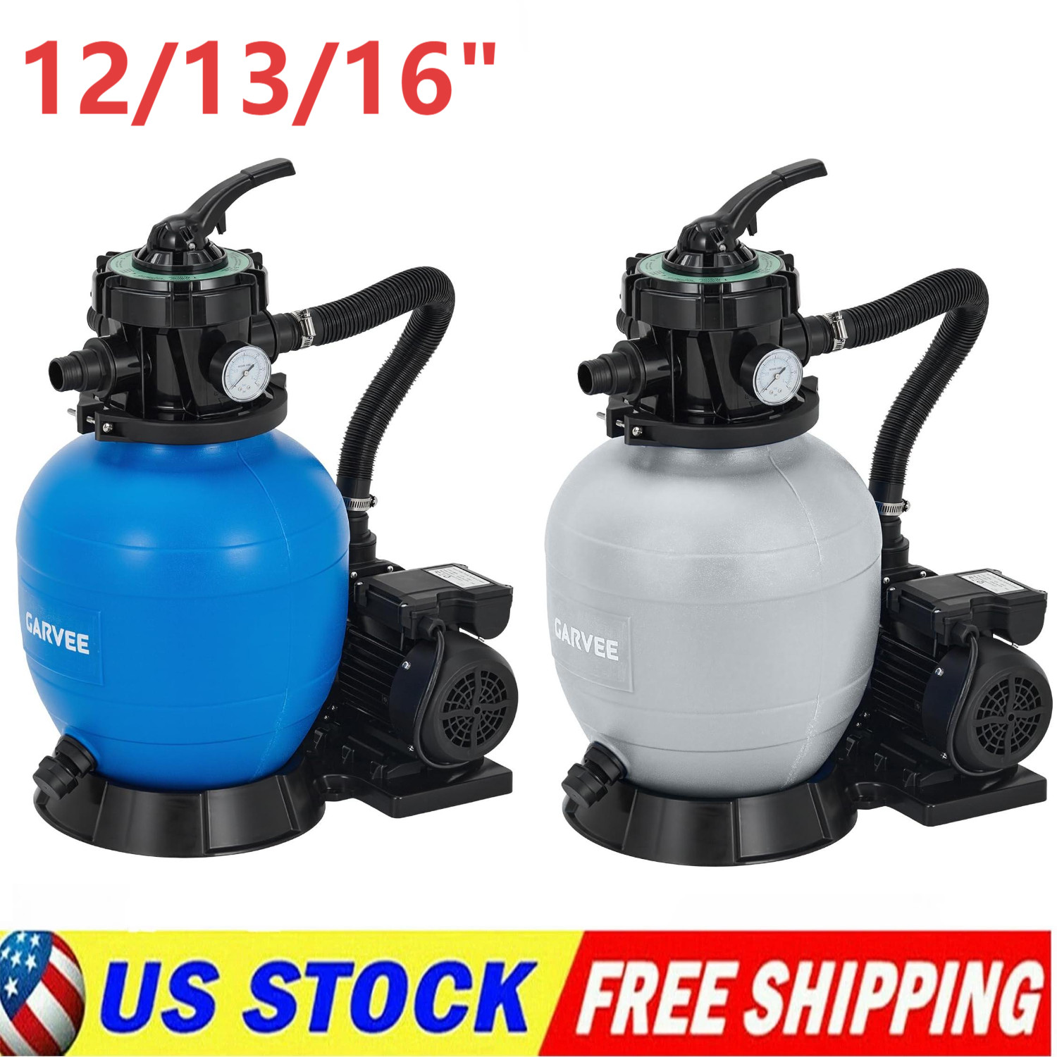 12" 13" 16" Sand Filter Pump for Above Ground Pool 1/2HP 3/4HP 1HP w/7-Way Valve