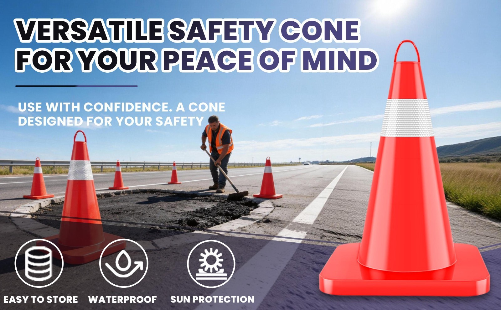 18in 20Pcs Traffic Safety Cone w/ Handle Stackable Design Road Cones w/Collar