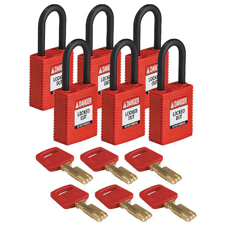 Brady Nyl-Red-38Pl-Ka6pk Lockout Padlock, Keyed Alike, Nylon, Red, 1 1/2 In