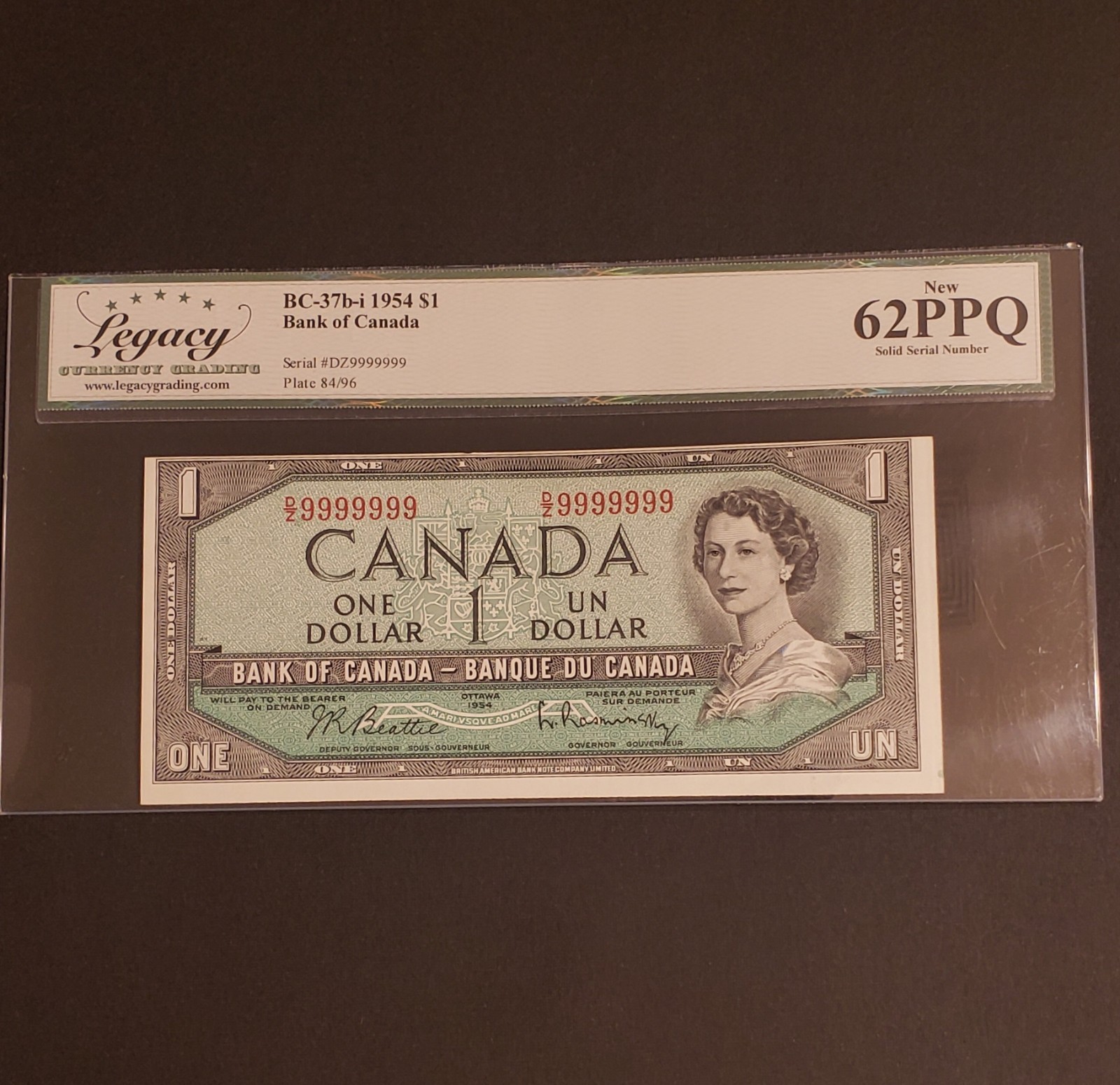 RARE 1954 Bank of Canada $1 SOLID SERIAL NUMBER Banknote. SOLID 9'S. PPQ.