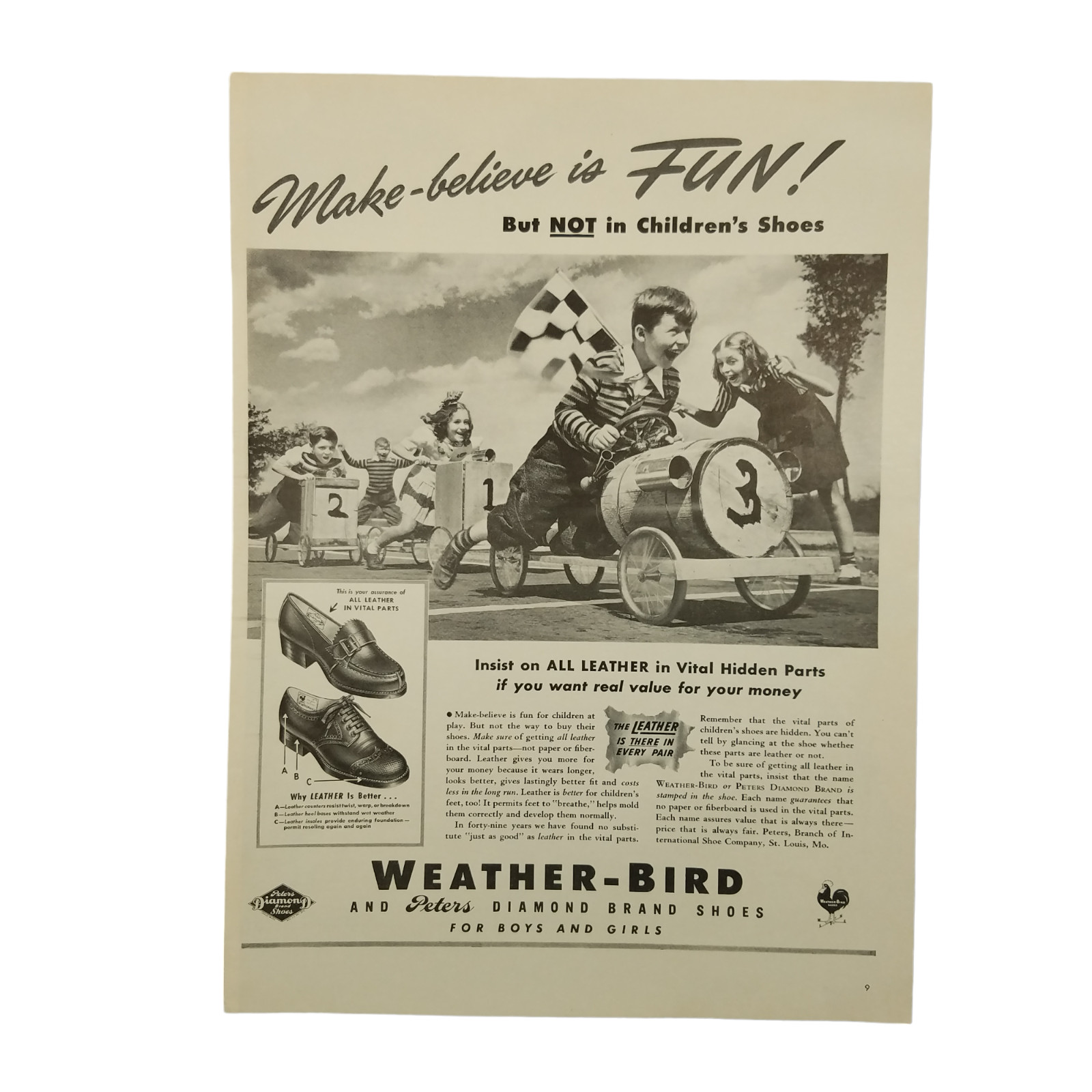 1942 Peters Diamond Weather Bird Childrens Shoes Vintage Print Ad Box Cars