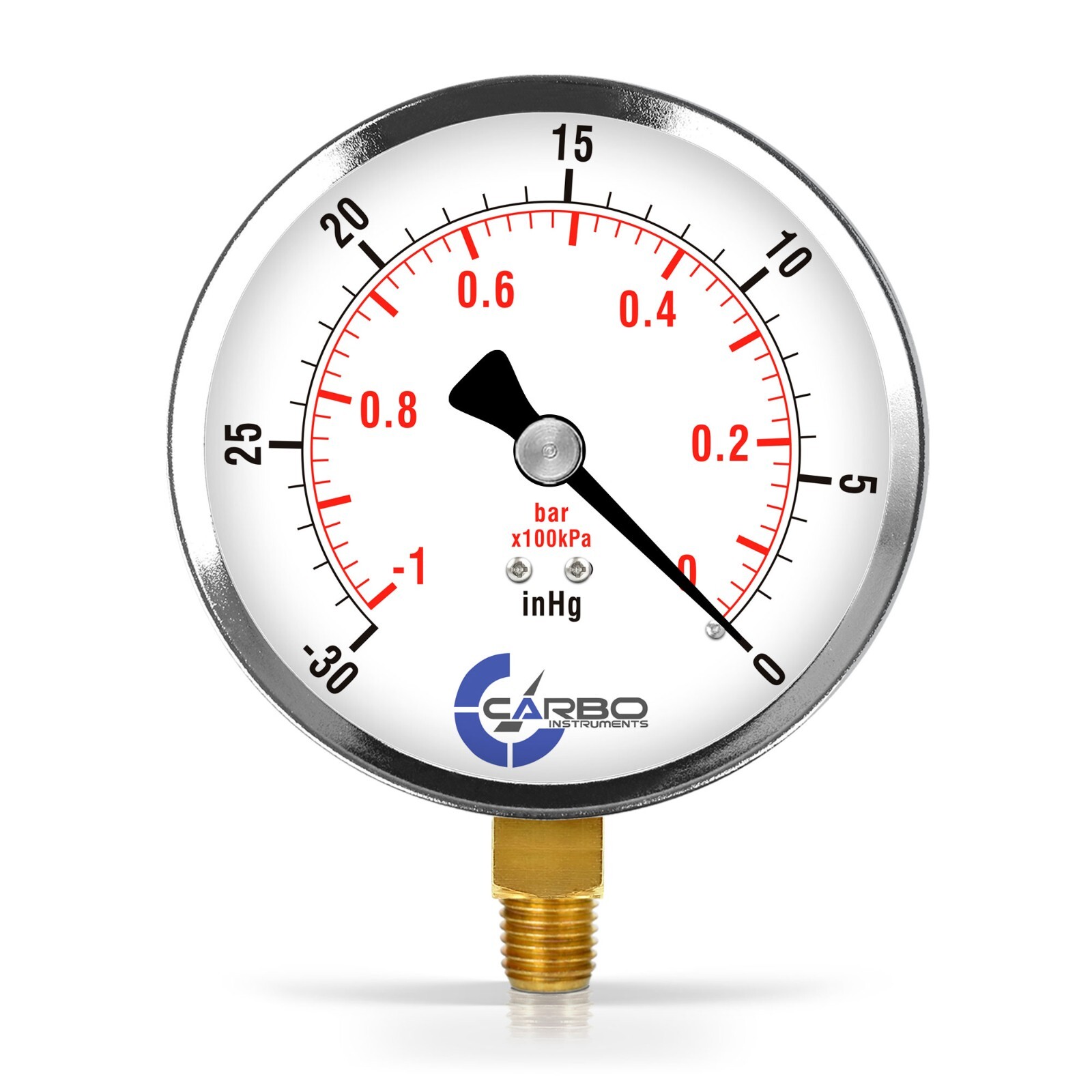 4" Vacuum Gauge - Chrome Plated Steel Case, 1/4"NPT, Lower Mnt. -30 inHg/ -1 Bar