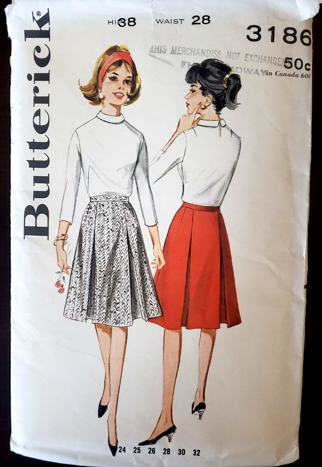 Vintage Butterick Panel Skirt with Pleats Pattern 3186 Misses 28" Waist UNCUT