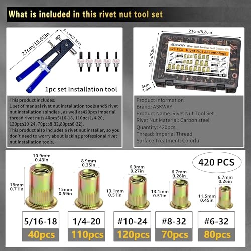 SAE Pressure Rivet Nut Tool Kit 420pcs, SAE Thread Rivet Nuts Kit | 420pcs