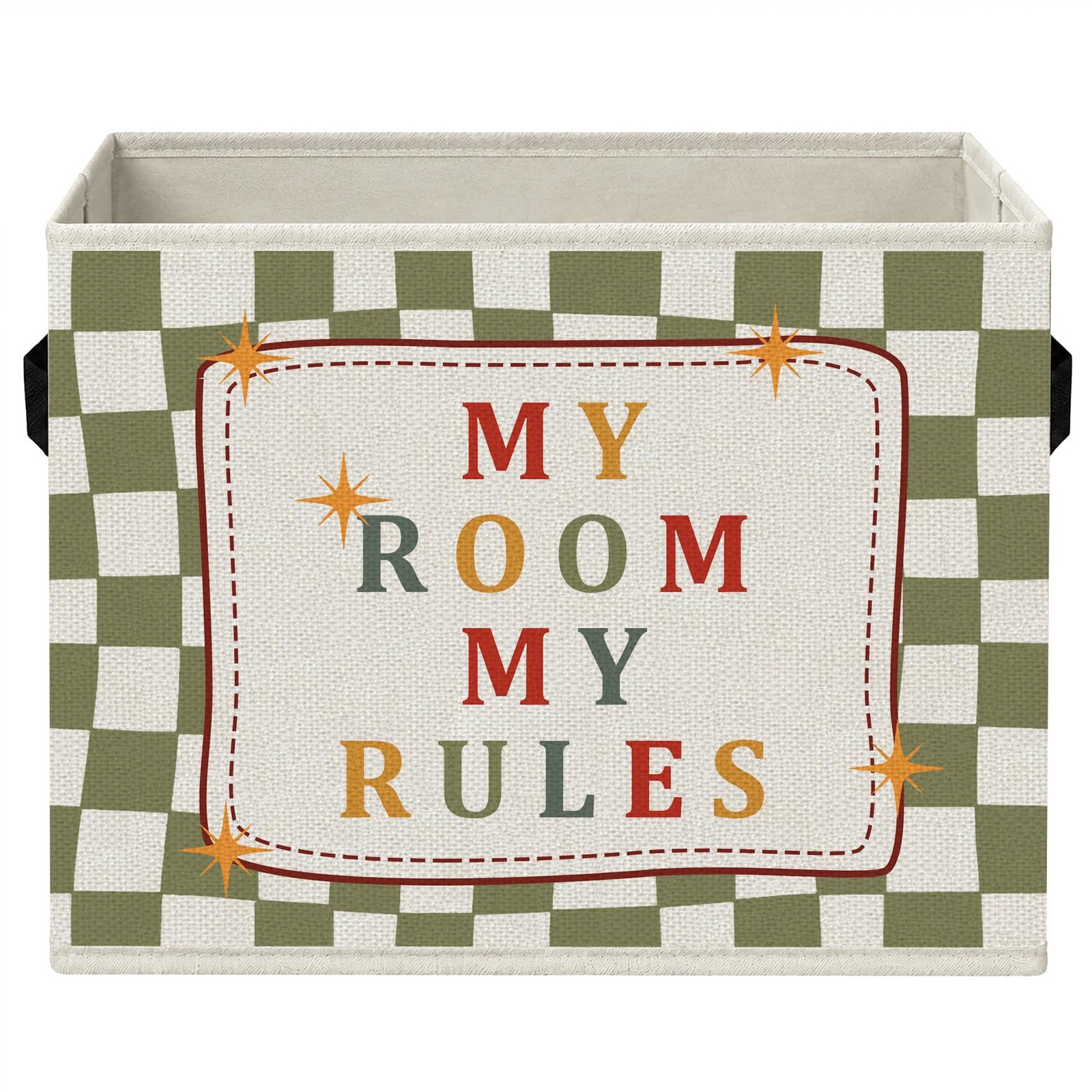 Kids Nursery Storage Bins with Handles, My Room My Rule Retro Green Checkered...