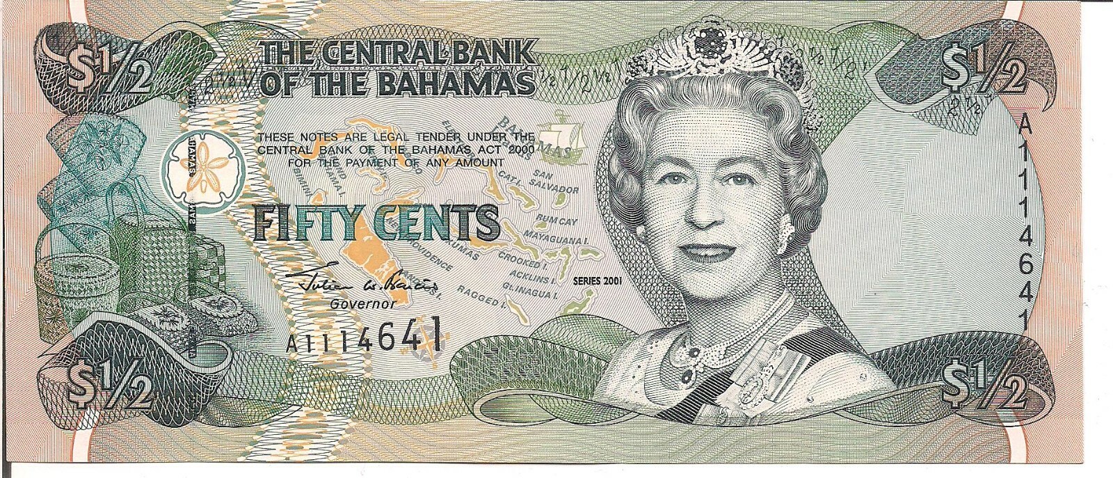 BAHAMAS, 1 / 2 DOLLAR, QEII, P#68, 2001