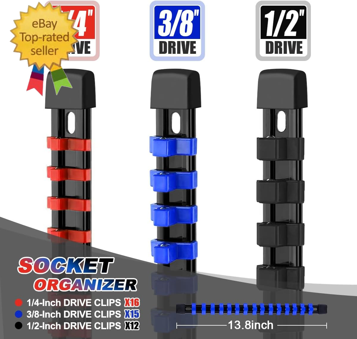3-Piece Socket Organizer Rail Set, Heavy Duty Socket Holder for 1/4", 3/8", 1/2"
