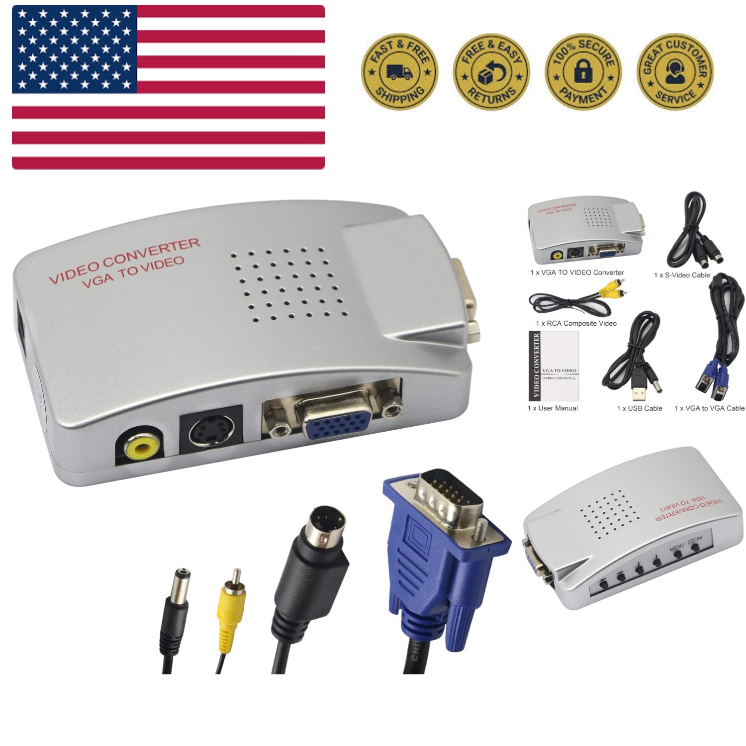 VGA to RCA Adapter,Composite VGA to Video,S-Video Converter,for HDTV, Monitor...