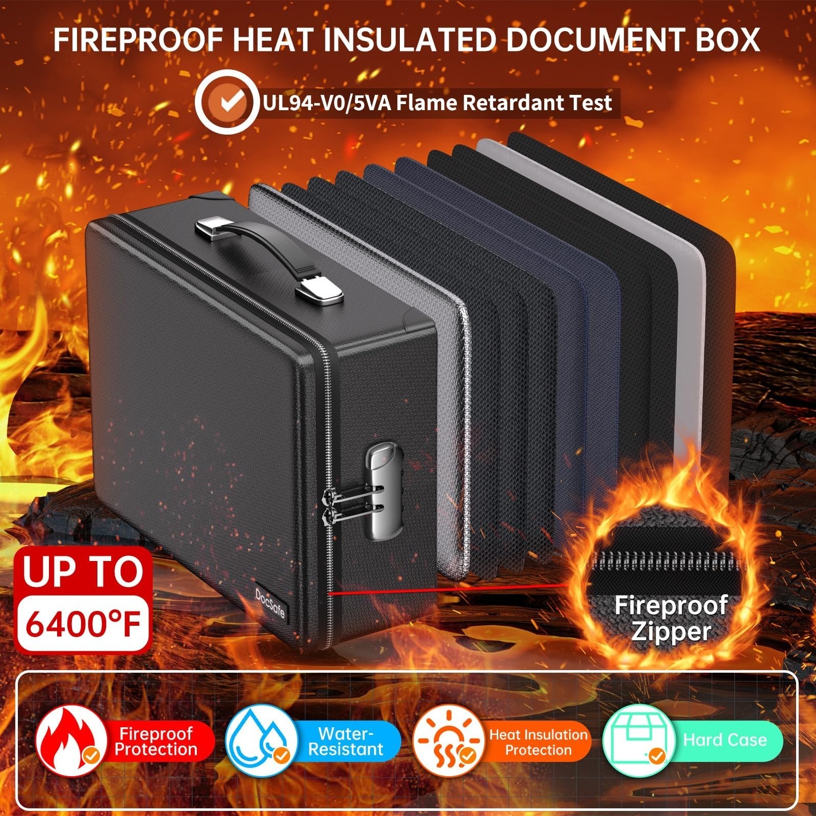 DocSafe 6400°F Fireproof Document Box with Lock, Water Resistant, Black