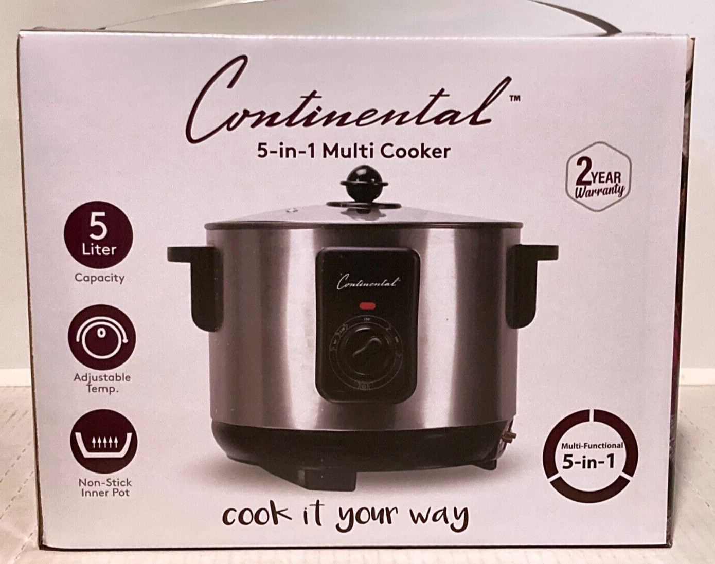 Continental 5-in-1 Multi Cooker 5L Adjustable Temp, Non-Stick Pot, SS Body, NIB