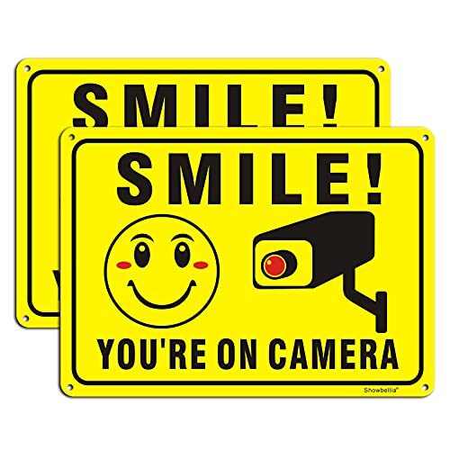 Paquete de 2 letreros de aluminio Smile You're on Camera, 10 x 7 pulgadas