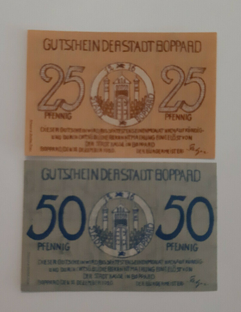BOPPARD NOTGELD 25, 50 PFENNIG 1920 EMERGENCY MONEY GERMANY BANKNOTE(S) (10222)