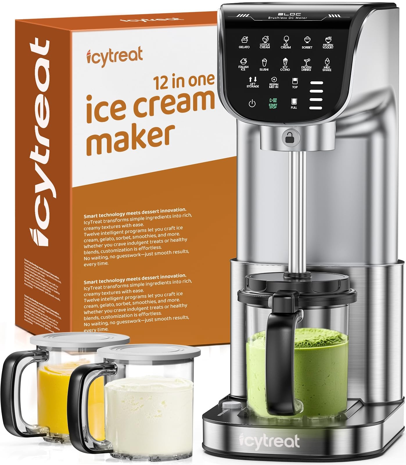 Ice Cream Maker Machine 12-in-1, Full Automatic Stainless Steel Homemade Ice Cre