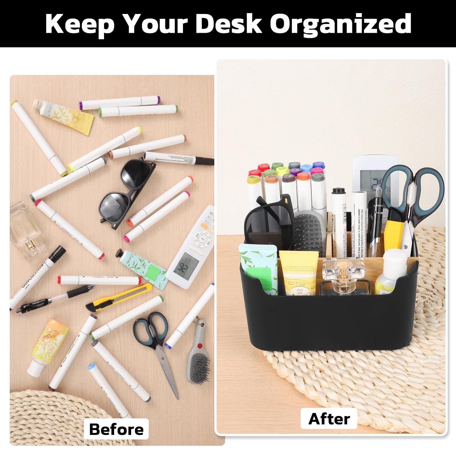 Segarty Black Desktop Organizer, Detachable Bamboo Remote Control