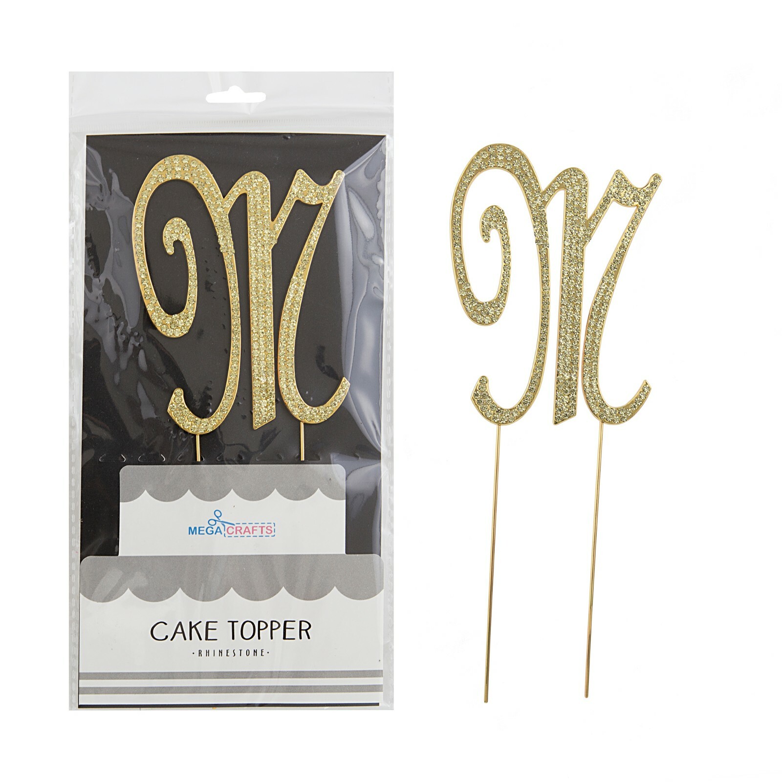 Mega Crafts - Sparkling Rhinestone Letter M Cake Topper - Gold, 1PC