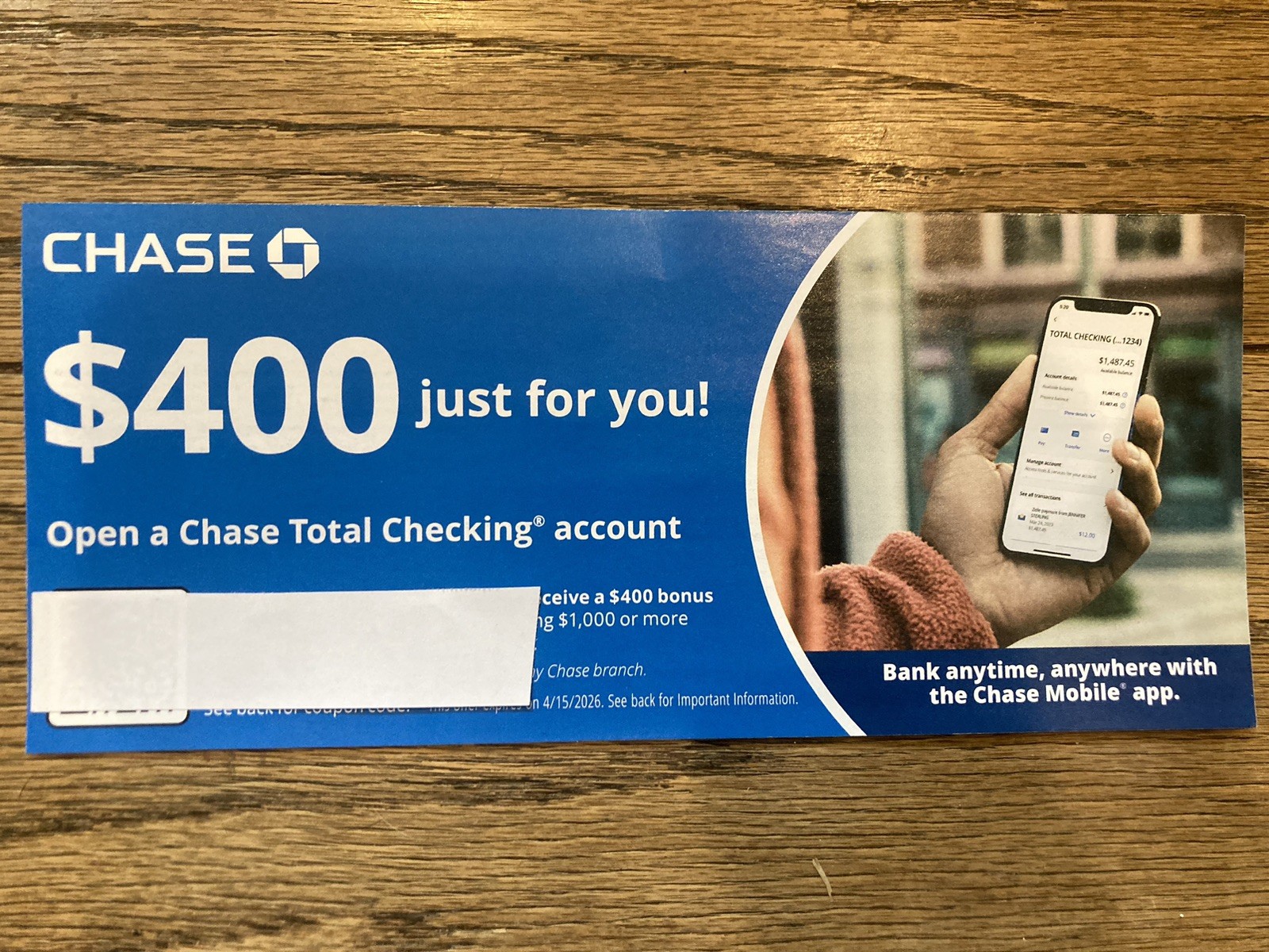 $400 CHASE Bonus Offer for New Total Checking Account Coupon Exp 04/15/2026
