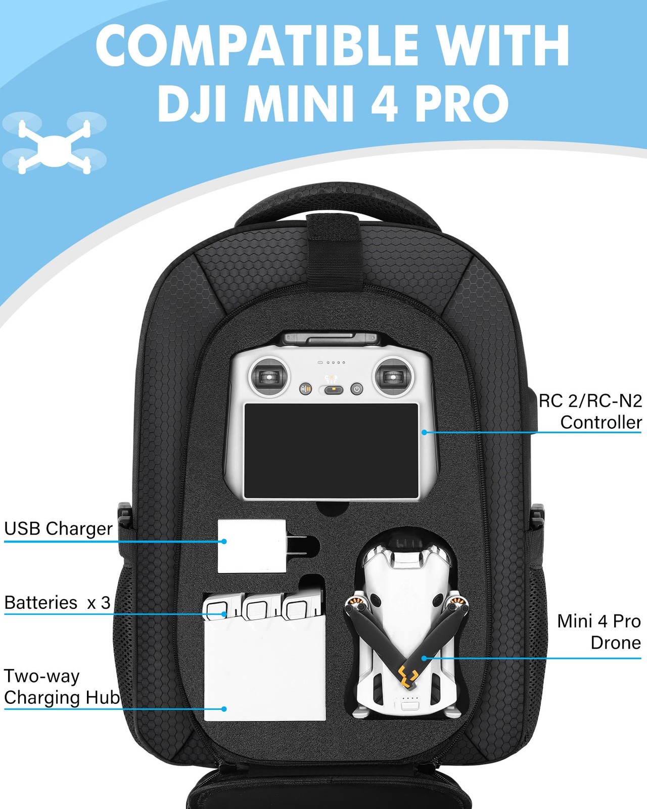 PEKREWS Mini 4 Pro Case, 3/4 Waterproof Hard Carrying Large, Black