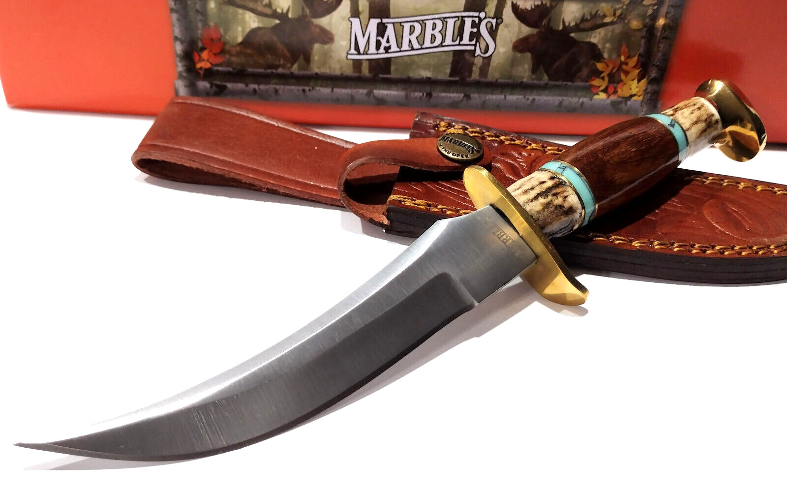 Marbles Brown Wood Blue Stone Stag Bone Handle Sharpfinger Blade Hunting Knife