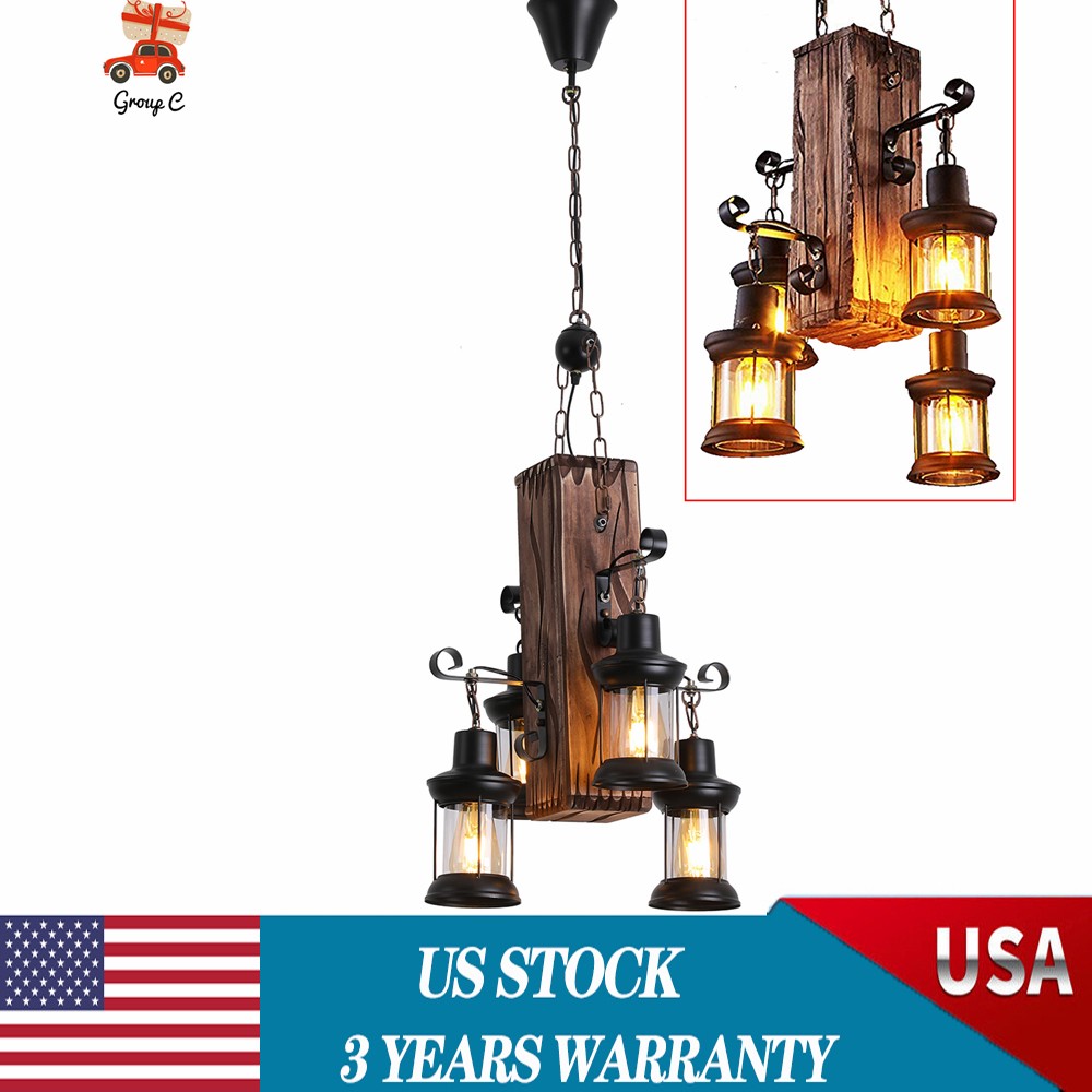 4-Light Farmhouse Furniture Wood Chandelier Pendant Lighting Fixture Kitchen Bar