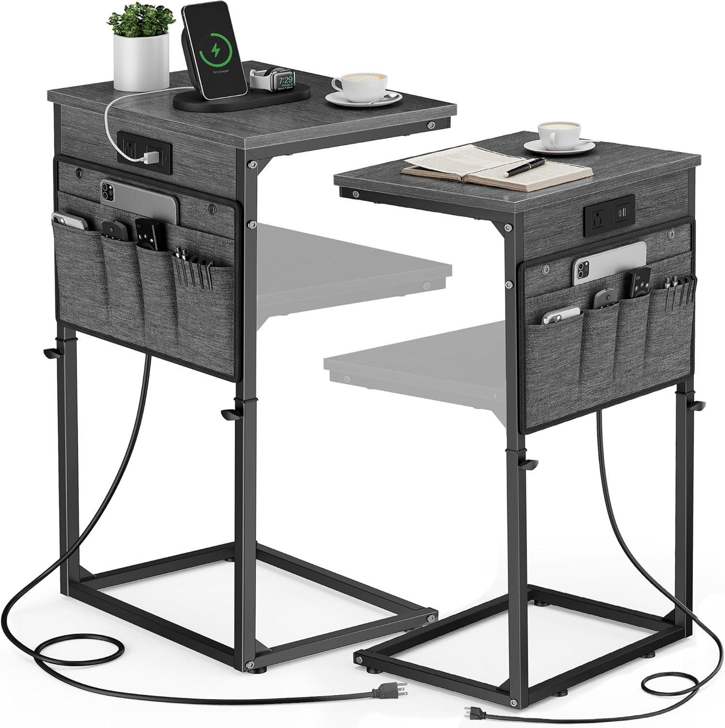 C Shaped End Table W/ Charging Station 33"Tall C Table End Table Adjustable