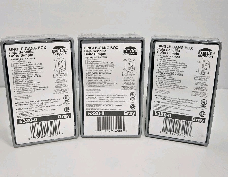 ( 3 Lot) Single-Gang Box 5320-0  Three Outlets 1/2" Gray