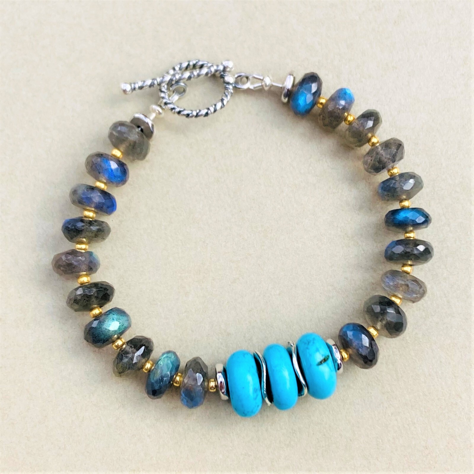 U&C Sundance Blue Turquoise & Labradorite Gold bead .925 Silver Toggle Bracelet
