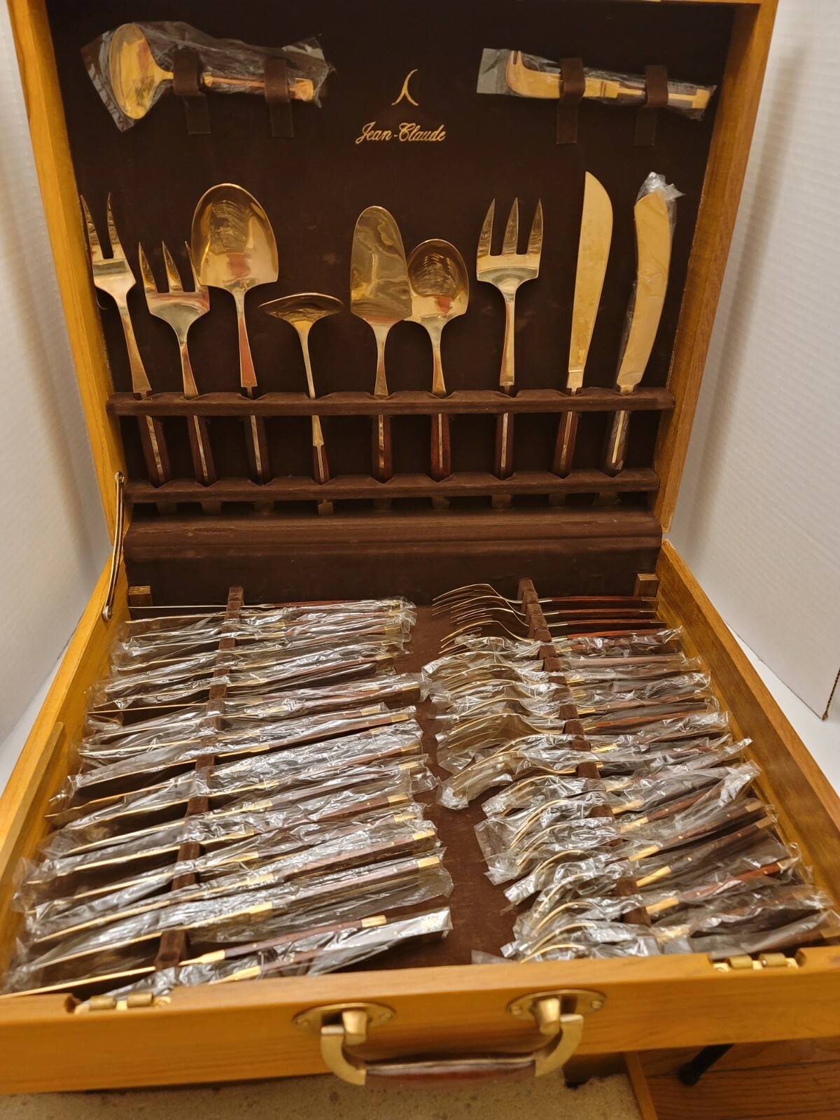 91 Piece Jean-Claude Rosewood & Bronze Complete Flatware & Servingware Set